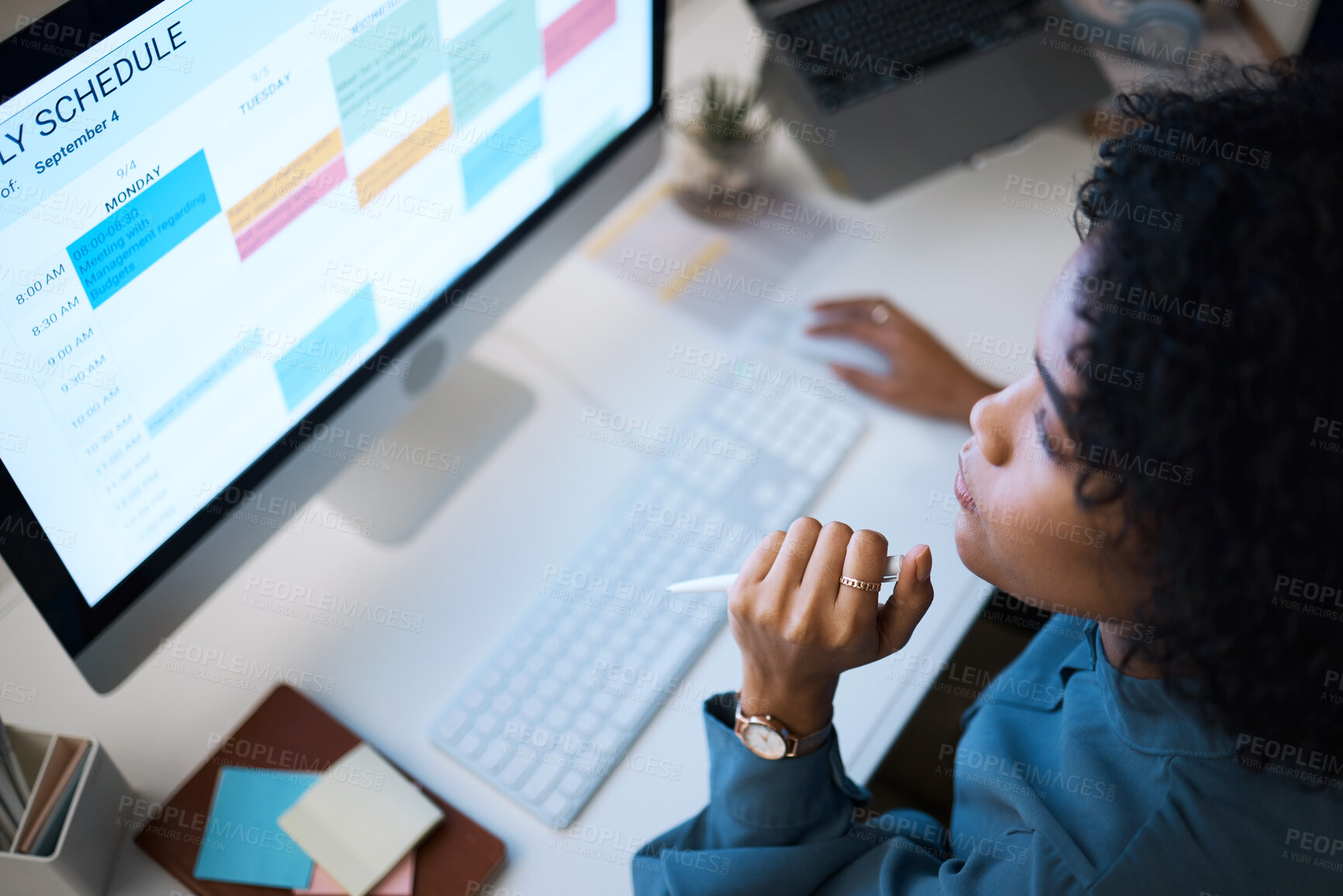 Buy stock photo Woman with computer, thinking and checking schedule, agenda and reminder for office administration. Online calendar, planner and girl at desk planning spreadsheet for time management with high angle.