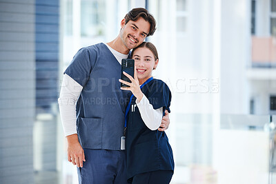 Buy stock photo Doctors hug, friends selfie or happy people, nurses or surgeon smile for medical services, help or clinic photography. Embrace, healthcare collaboration or medic post memory photo to social network