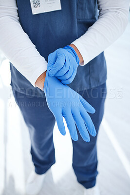 Buy stock photo Gloves, hospital and hands of doctor for surgery, medicine and working in clinic for wellness. Healthcare, help and person with ppe for safety, protection and hygiene in medical service or procedure