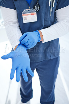 Buy stock photo Gloves, hospital and hands of doctor for medical service, surgery and working in clinic for wellness. Healthcare, help and person with ppe for safety, protection and hygiene for support or procedure