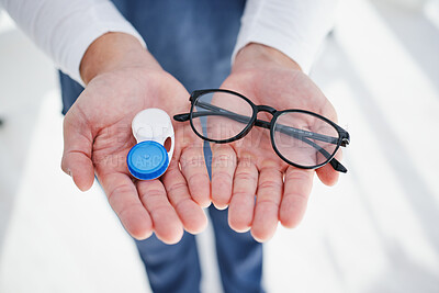 Buy stock photo Optometrist, contact lens and glasses for sight, vision or prescription for choice, laser or optician. Doctor, medicine or professional with frames, medical and health for optometry, close up or case