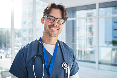 Buy stock photo Man, doctor and hospital for healthcare, portrait and smile for career, confident and mindset. Services, medical and professional with confidence, male and work for medicare clinic, insurance and job