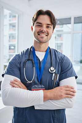 Buy stock photo Medical portrait, arms crossed and happy man, doctor or surgeon with confidence, nurse pride and ready for wellness service. Healthcare trust, happiness and nursing medic for cardiology support help