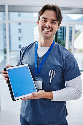 Buy stock photo Tablet, screen or portrait of happy man, doctor or nurse smile for healthcare presentation, clinic promotion or medicine news. Mockup space, wellness info data or person with medical tracking markers