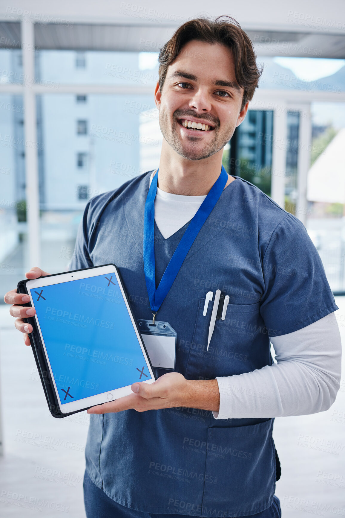 Buy stock photo Tablet, screen or portrait of happy man, doctor or nurse smile for healthcare presentation, clinic promotion or medicine news. Mockup space, wellness info data or person with medical tracking markers