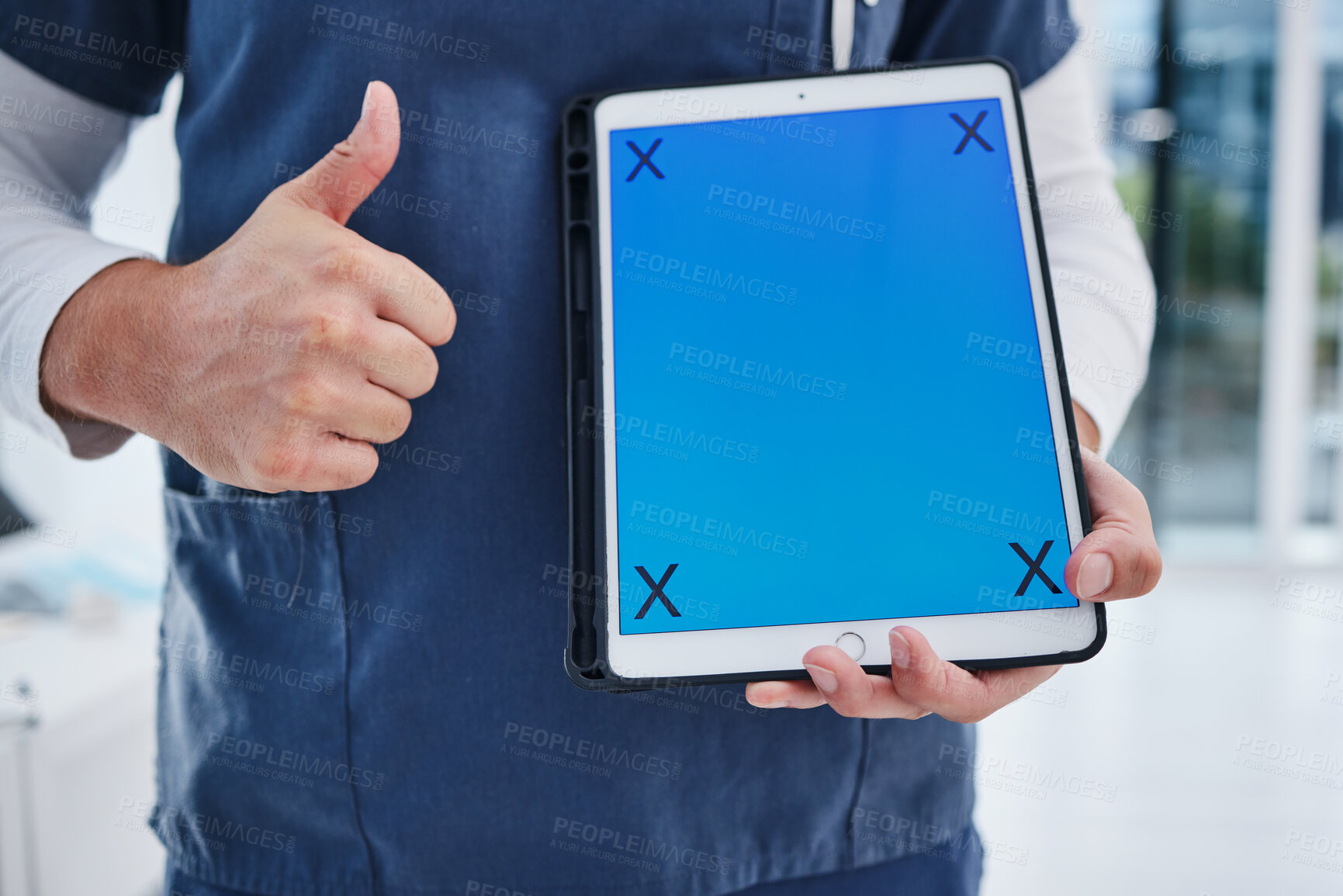 Buy stock photo Tablet green screen, hands and person thumbs up for doctor healthcare presentation, telehealth feedback or medical agreement. UI mockup space, tracking markers or closeup surgeon show research review