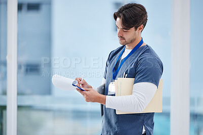 Buy stock photo Hospital clipboard, doctor or man writing prescription, healthcare advice or clinic information. Wellness services, medical checklist or medicine expert, surgeon or nurse with list, notes or schedule