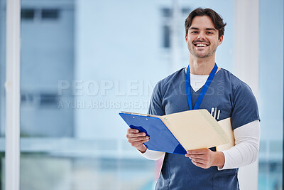 Buy stock photo Hospital portrait, doctor folder and happy man with results, healthcare records or clinic info data. Happiness, medical research or professional nurse smile for medicine, wellness or health portfolio