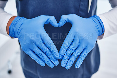 Buy stock photo Heart emoji, hospital and hands of doctor for medicine, surgery and working in clinic for wellness. Healthcare ppe, help and person with hand sign for insurance, support or cardiology medical service