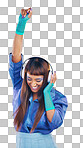 Future, dance and woman with headphones, celebration and excited on studio background. Fashion, female dancer and lady with trendy outfit, edgy and achievement with girl, groove and streaming music