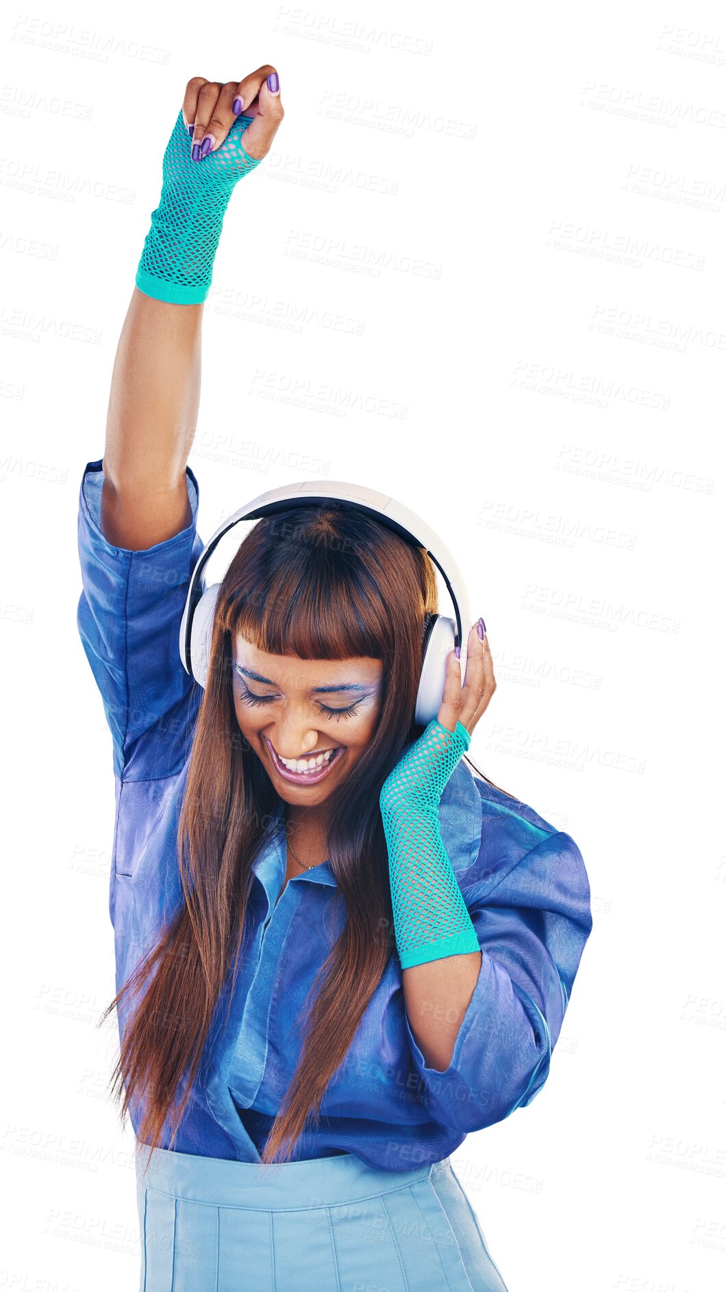 Buy stock photo Cyberpunk, dance and happy woman with headphones isolated on transparent png background. Future fashion, excited dancer and listening to streaming music, girl with party clothes and energy with smile