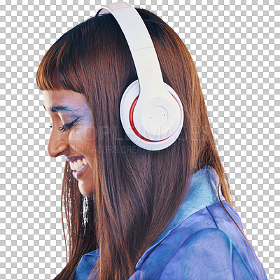 Headphones, music and black woman isolated on purple background for cyberpunk fashion and creative gen z. Young person or beauty model listening on audio technology, pop art and cosmetics in studio
