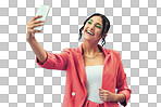 Isolated woman, selfie and smile for fashion, makeup and trendy style on blog by transparent png background. Gen girl, influencer and happy for memory, photography or profile picture in edgy clothes