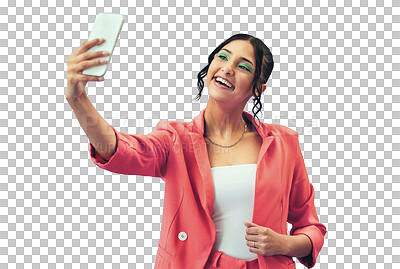 Buy stock photo Isolated woman, selfie and smile for fashion, makeup and trendy style on blog by transparent png background. Gen girl, influencer and happy for memory, photography or profile picture in edgy clothes