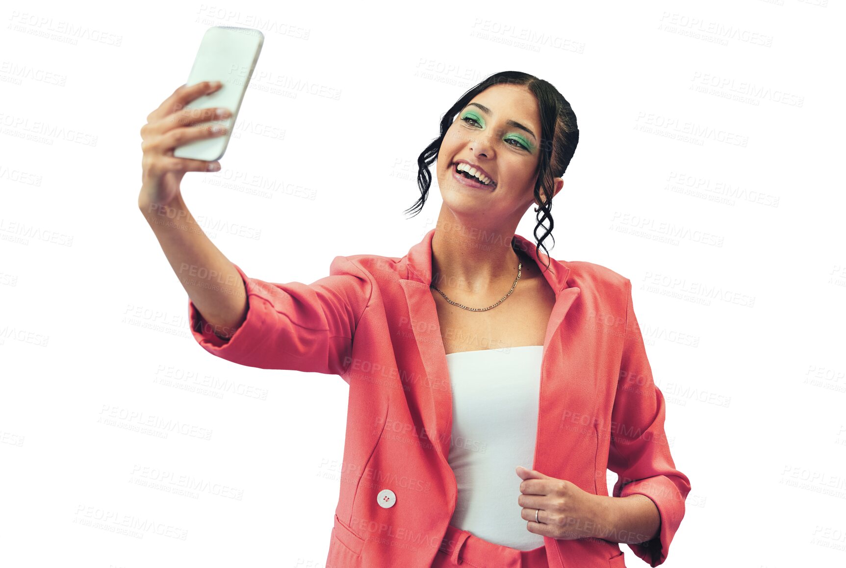 Buy stock photo Isolated woman, selfie and smile for fashion, makeup and trendy style on blog by transparent png background. Gen girl, influencer and happy for memory, photography or profile picture in edgy clothes