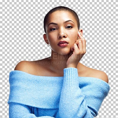 Buy stock photo Black woman, portrait and fashion or style in trend as designer isolated on transparent png background. Black female model, clothing and influencer with confidence in posing, cosmetic or edgy as cool