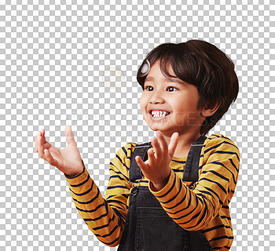 Buy stock photo Boy, smile and hands for catching, bubbles and isolated on transparent png background, excited and playing. Asian child, happy and face for freedom, youth and content for game, fun and carefree