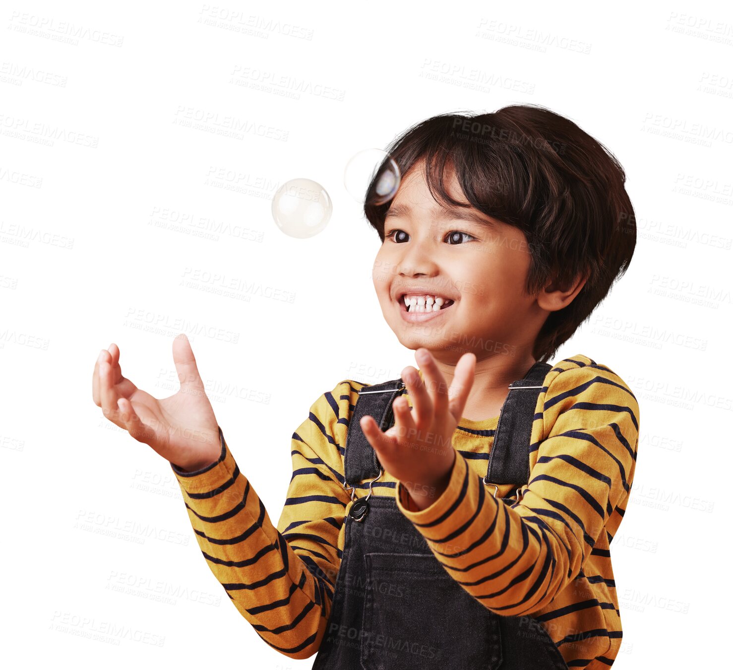 Buy stock photo Boy, smile and hands for catching, bubbles and isolated on transparent png background, excited and playing. Asian child, happy and face for freedom, youth and content for game, fun and carefree