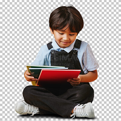 Buy stock photo Boy, books and sitting for reading, smile and isolated on transparent png background. Asian child, education and smart by casual, homework and school supplies for learning, happy and smart by content