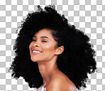 Black woman, afro hair or skincare glow on studio background in empowerment pride, curly texture or healthy growth. Beauty model, happy or natural hairstyle and makeup aesthetic on isolated spa wall