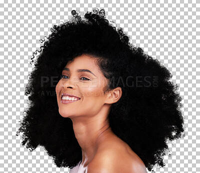 Buy stock photo Face, hair and thinking about beauty with a woman isolated on a transparent background for shampoo treatment. Smile, idea and salon haircare with a young model on PNG for natural afro aesthetic