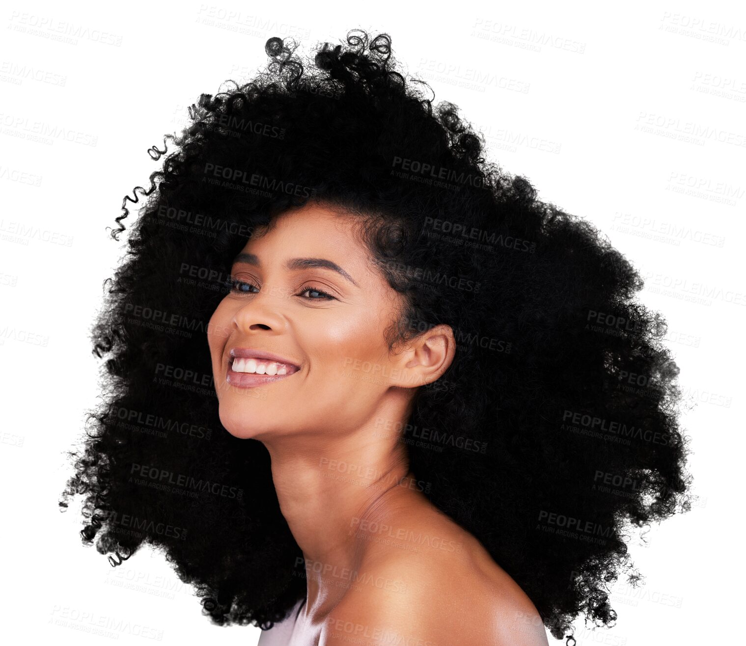 Buy stock photo Face, hair and thinking about beauty with a woman isolated on a transparent background for shampoo treatment. Smile, idea and salon haircare with a young model on PNG for natural afro aesthetic