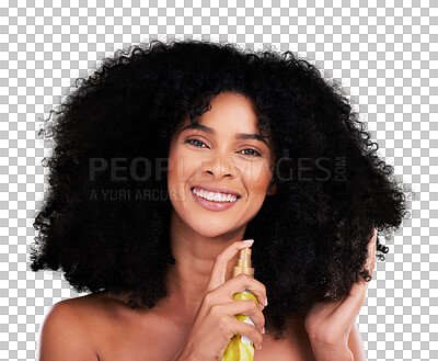 Buy stock photo Woman, model or portrait afro hair care or spray for growth or frizz with smile isolated on transparent png background. Black female, natural or textures or treatment product for healthy results

