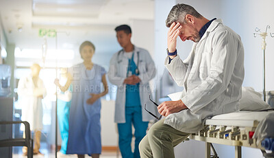 Buy stock photo Fail, headache or senior doctor with stress in hospital unhappy with healthcare results or medical problem. Mature, mistake or sad man frustrated by grief, death or loss in clinic with depression 