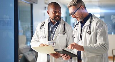 Buy stock photo Teamwork, tablet or senior doctors talking for advice in healthcare discussion for file documents. Mature surgeon, leadership or men speaking of collaboration for medical research in hospital clinic