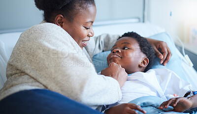 Buy stock photo Hospital, bed and black woman with care for child, wellness and hug with a smile in bedroom. Sick, kid and mother embrace with love and gratitude for health, healing and happy for medicine in clinic