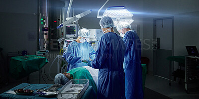 Buy stock photo Healthcare, teamwork and doctors in a hospital for an operation together, working in theater to save a life. Medical, emergency and a surgeon team in the operating room of a clinic for surgery
