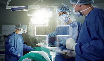 Buy stock photo Hologram, teamwork and doctors in a hospital for surgery together, working in theater to save a life. World healthcare, medical and a surgeon team in the operating room of a clinic for an operation