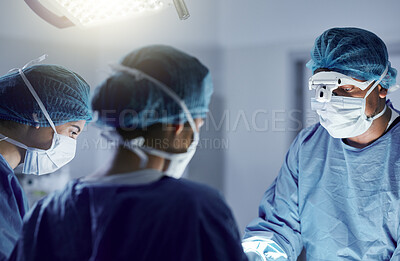 Buy stock photo Surgery, team and mask on face with glasses for medical, healthcare and working in operation room. Surgeon, teamwork and people in hospital or clinic for healing, treatment or kidney transplant