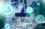 Hologram, closeup and icons with healthcare, tools and futuristic with doctor, hospital and employee. Zoom, person or medical professional with medicare equipment, surgery or holographic in a clinic 