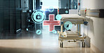 Healthcare, hologram and a bed in the corridor of a hospital after work, ready for an emergency or accident. Medical, icon overlay and service with a gurney in the empty hallway of a health clinic