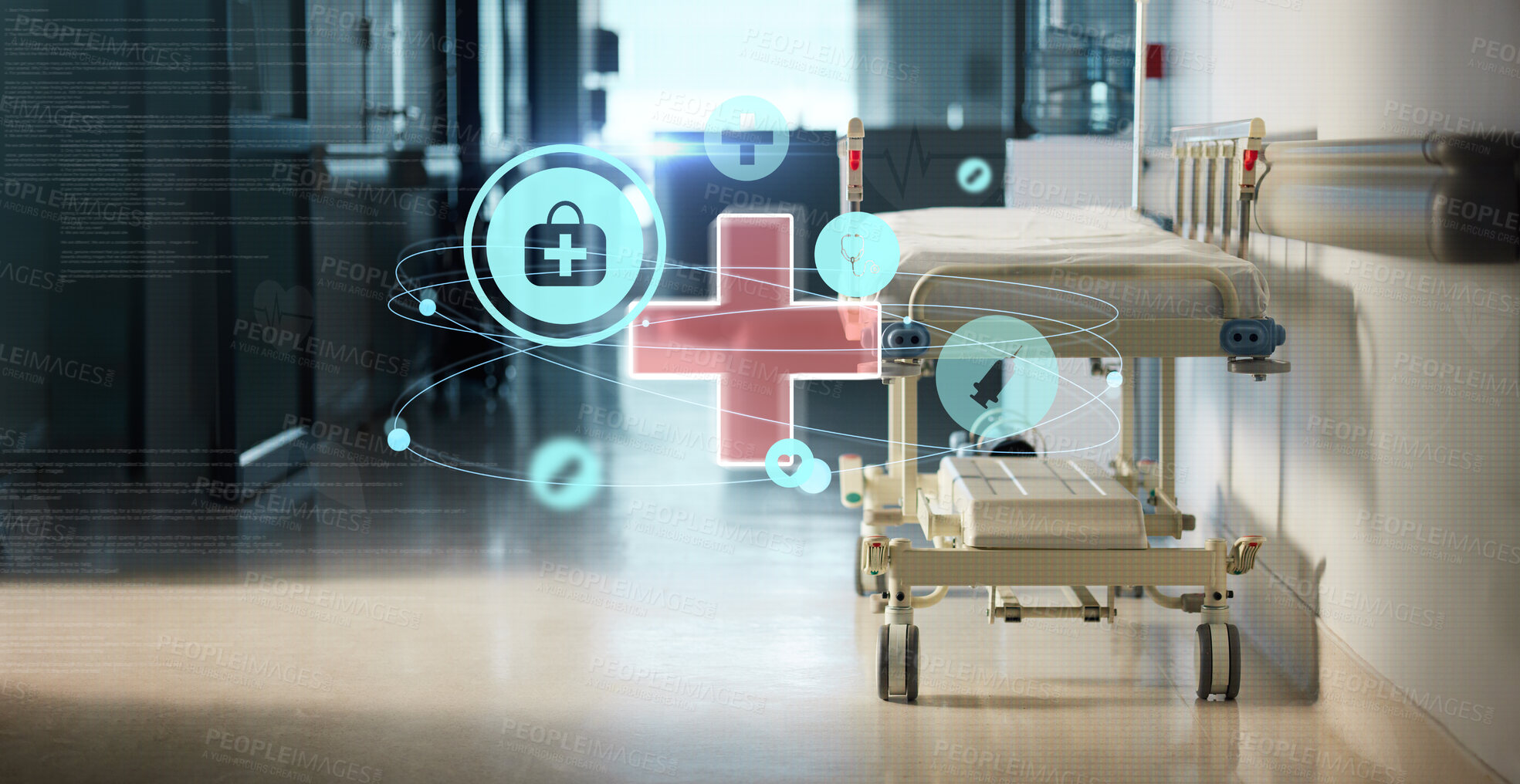 Buy stock photo Healthcare, hologram and medical icon in a hospital after work, ready for an emergency or accident. Medicine, symbol or sign overlay and service with a bed in the empty hallway of a health clinic