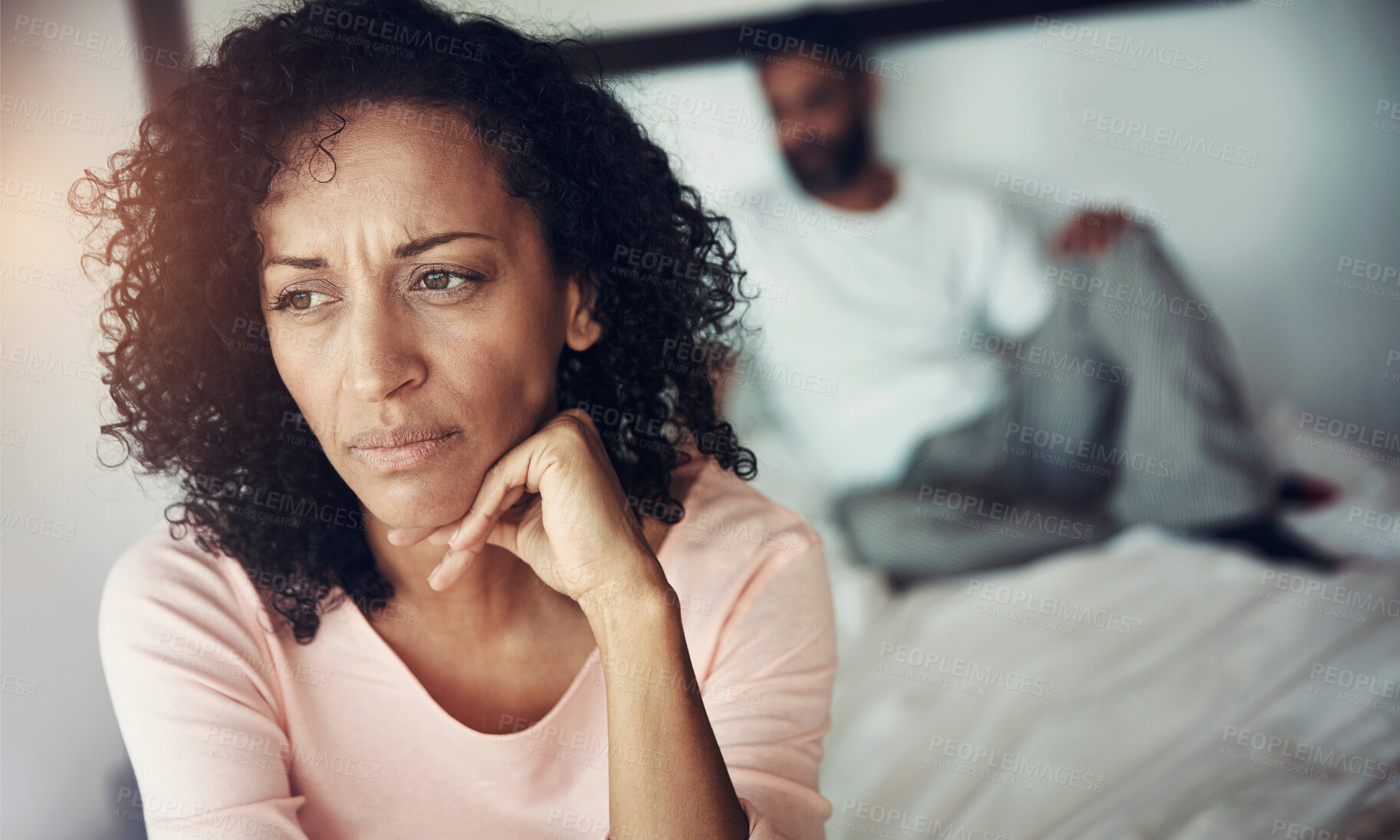 Buy stock photo Divorce, sad and couple in bedroom for problem, depression and marriage fail and mental health risk. Thinking, fight and woman with man, conflict and home depressed with anxiety, frustrated or stress