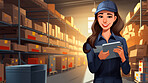 Worker with tablet in shipping warehouse. Product distribution and logistics