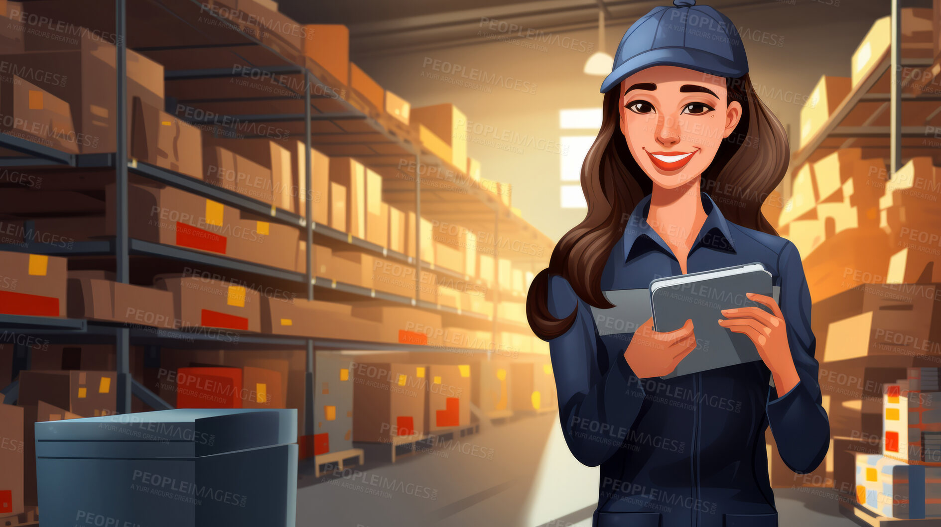 Buy stock photo Worker with tablet in shipping warehouse. Product distribution and logistics