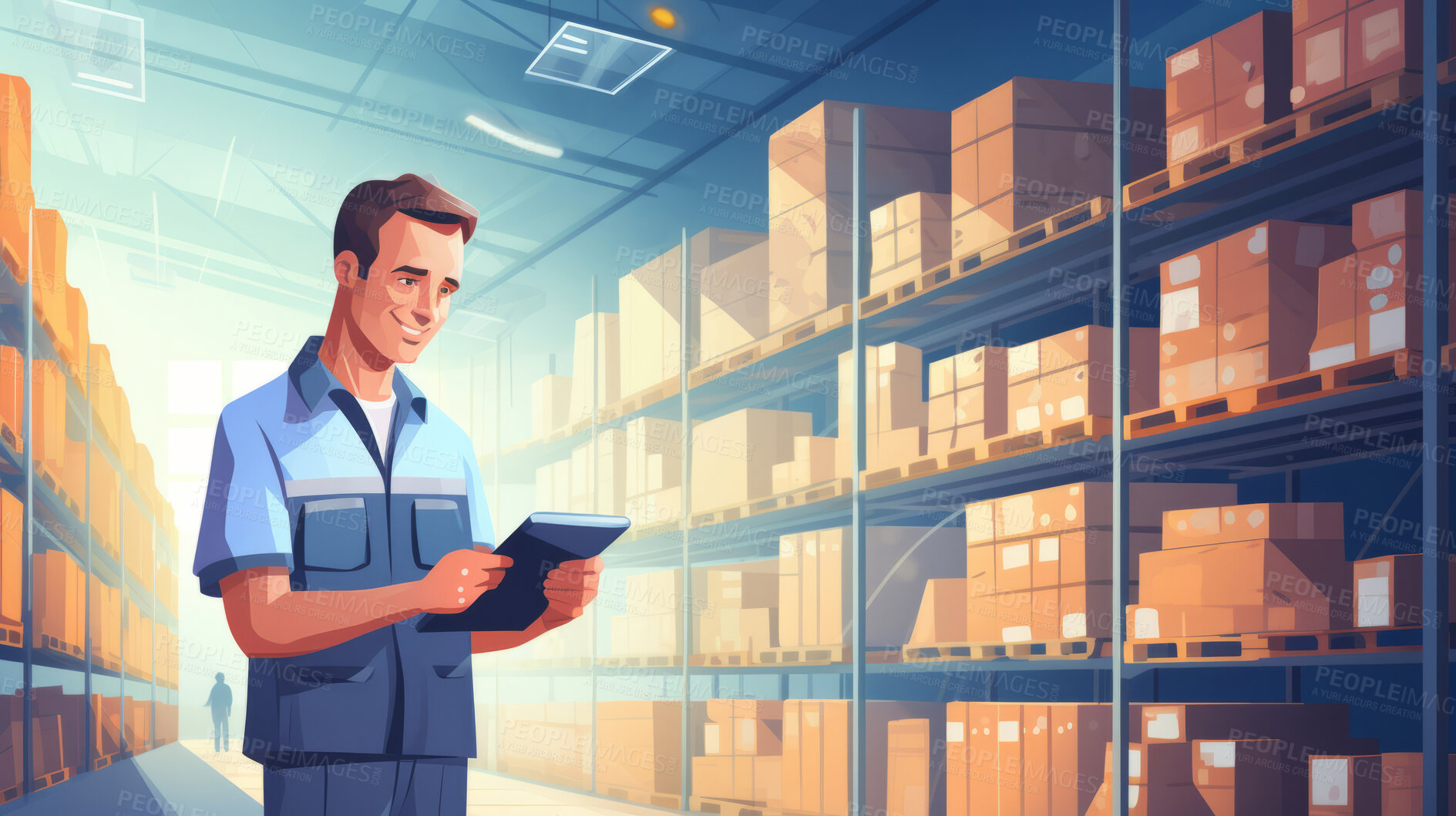 Buy stock photo Worker with tablet in shipping warehouse. Product distribution and logistics