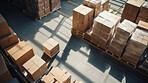 Top-down view: Warehouse with cardboard boxes. Products in distribution center ready for global shipment