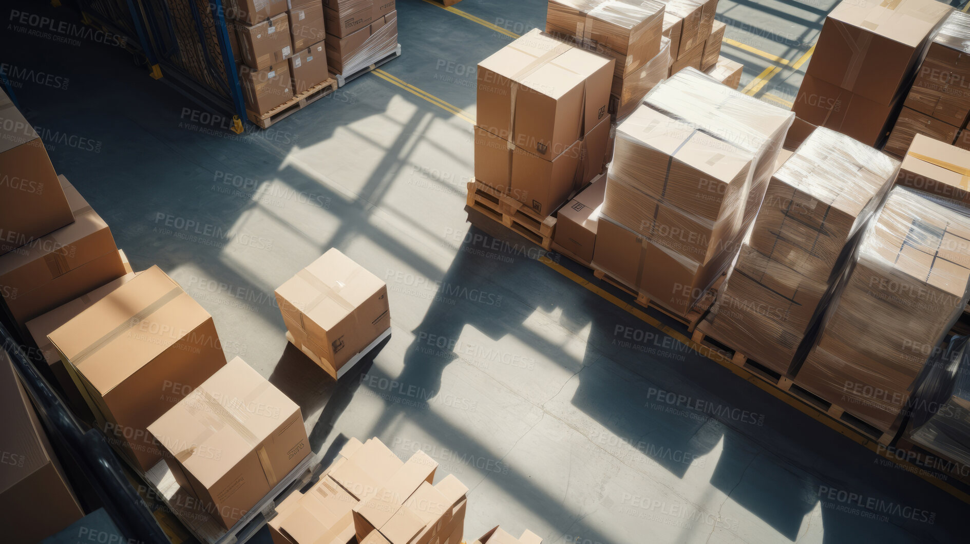 Buy stock photo Top-down view: Warehouse with cardboard boxes. Products in distribution center ready for global shipment