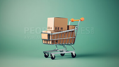 Mini shopping cart with boxes. Trolley with online purchases, business marketing