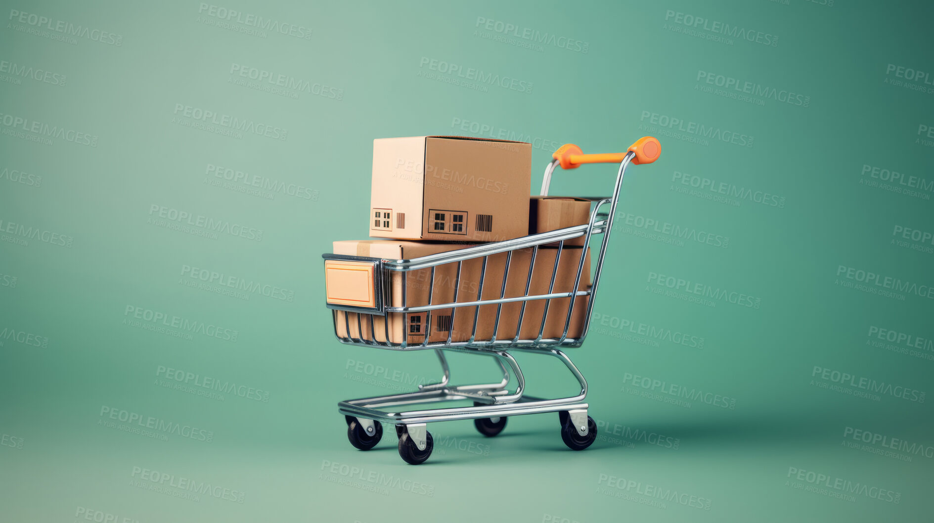 Buy stock photo Mini shopping cart with boxes. Trolley with online purchases, business marketing