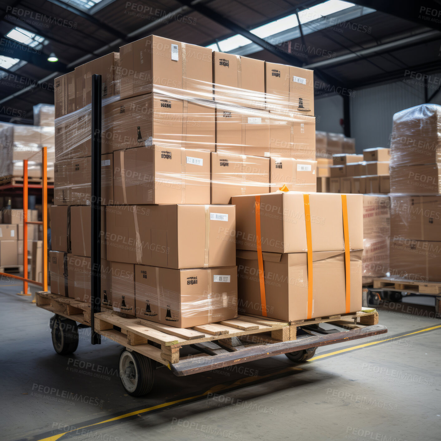 Buy stock photo Boxes on trolley in shipping warehouse. Logistics and transportation product distribution