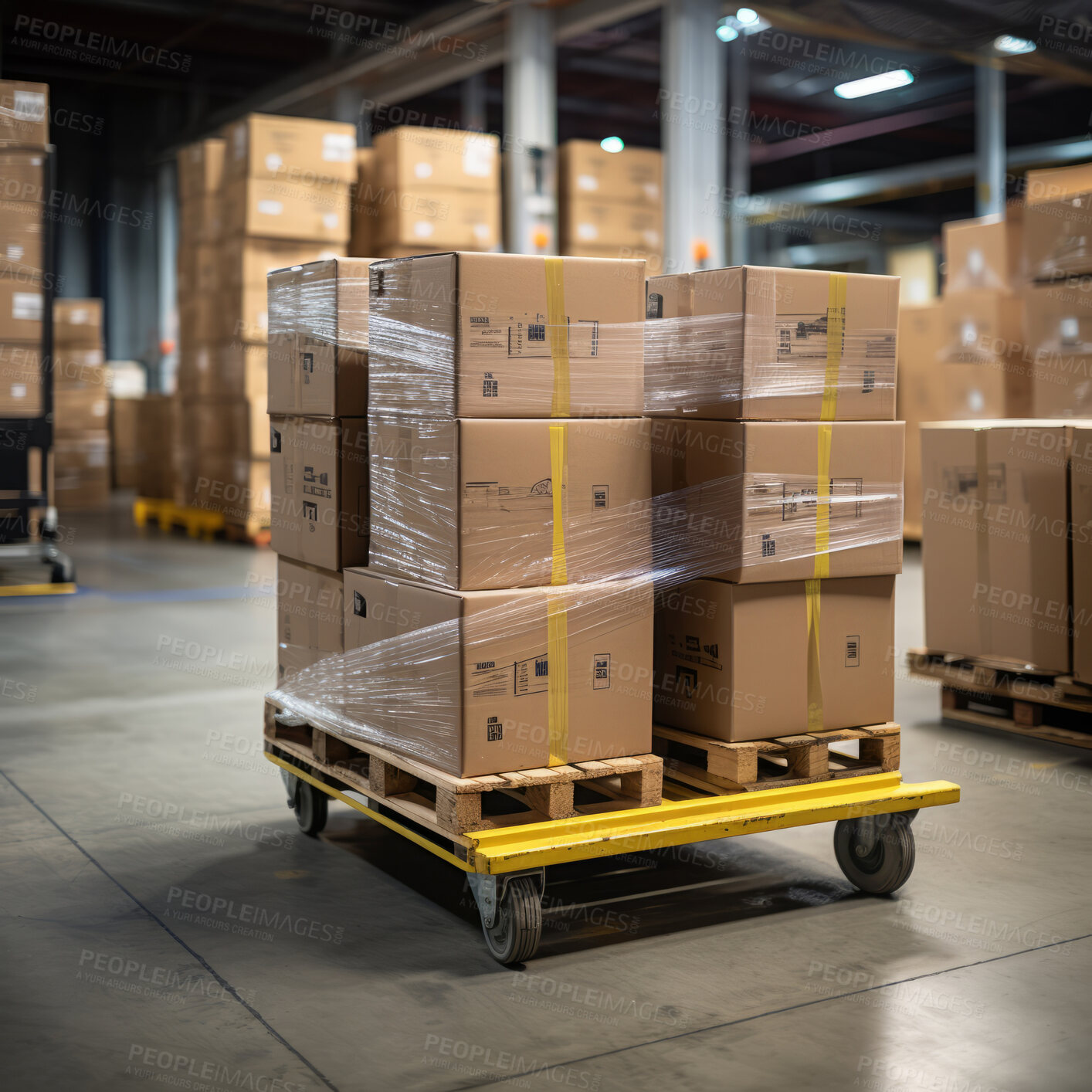 Buy stock photo Boxes on trolley in shipping warehouse. Logistics and transportation product distribution