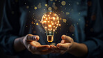 Lightbulb in hand. Innovation, data connection concept. Digital technology development