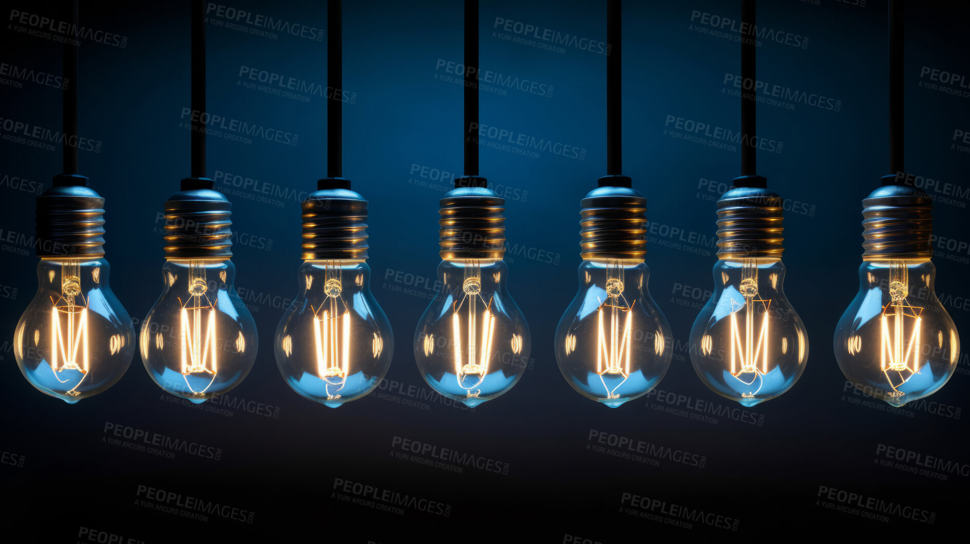 Buy stock photo Hanging lightbulbs. Innovation, data connection concept. Teamwork technology development