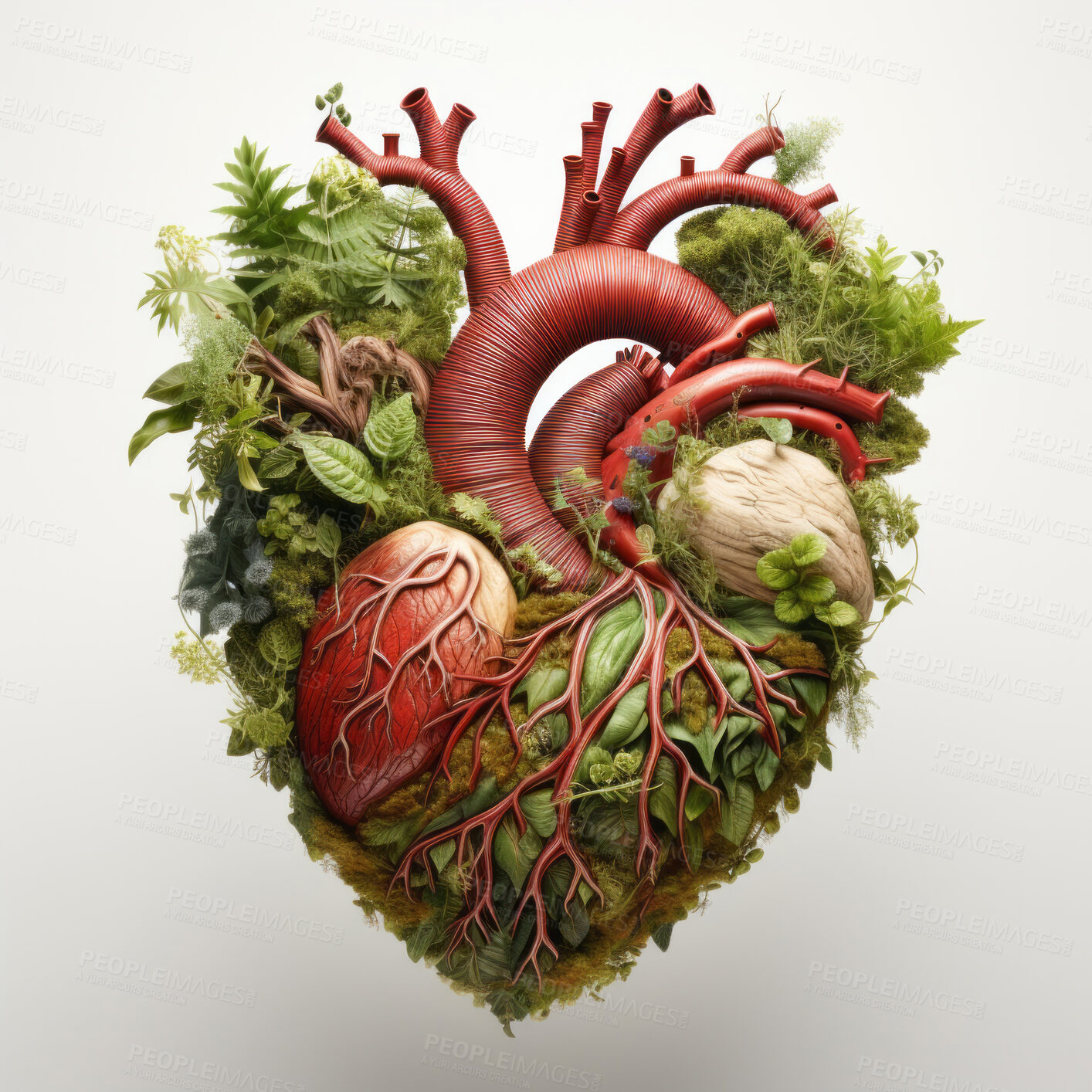 Buy stock photo Plants growing from heart. Strong, healthy heart concept. Sustainable disease prevention