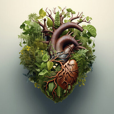 Plants growing from heart. Strong, healthy heart concept. Sustainable disease prevention